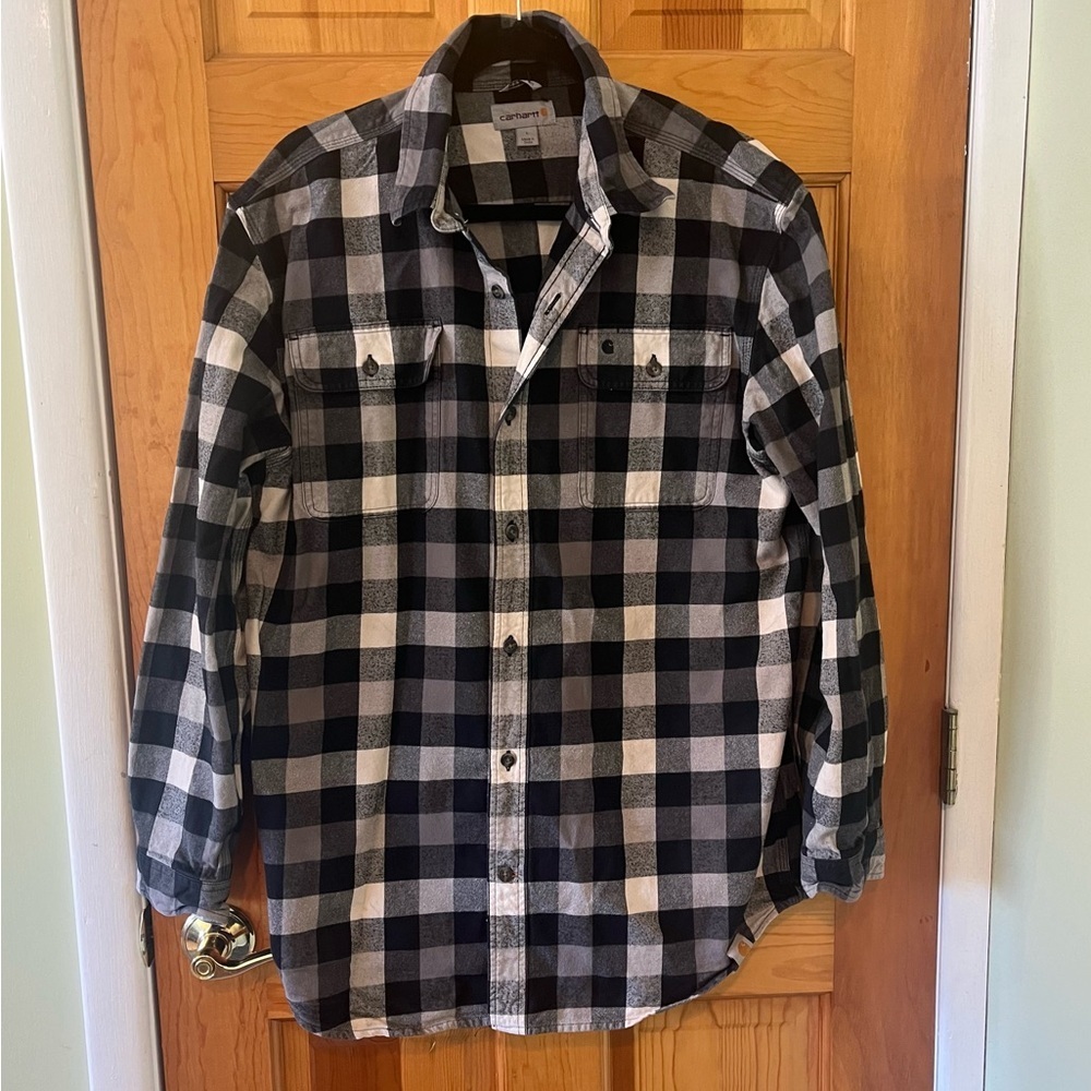 Carhartt Heavy Flannel Shirt Mens Large Black White Buffalo Plaid Large Cotton